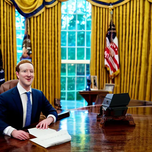 Image similar to Mark Zuckerberg the president of the united states sitting in the oval office, closeup, EOS-1D, f/1.4, ISO 200, 1/160s, 8K, RAW, unedited, symmetrical balance, in-frame, Photoshop, Nvidia, Topaz AI