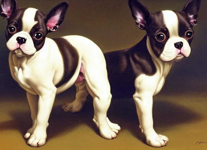 Prompt: baroque rococo painting The Royal Boston Terrier portrait Greg Hildebrandt high detail cute puppy