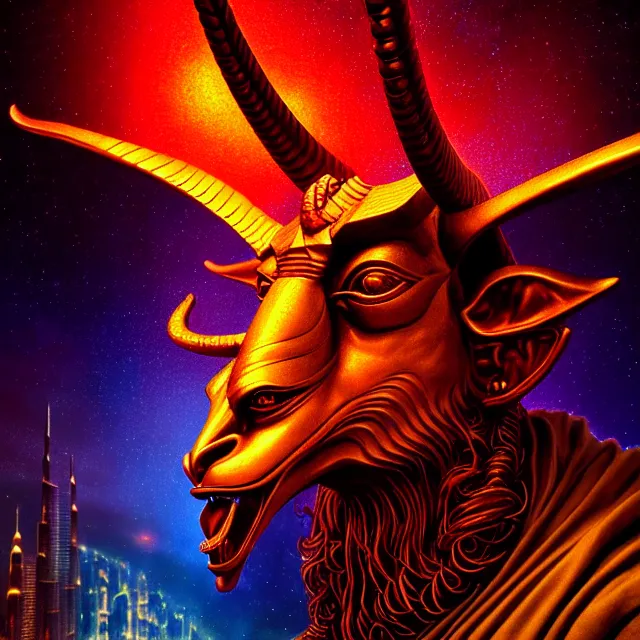 Prompt: Beautiful closeup portrait 3d render of the illuminati Baphomet, face portrait, atmospheric lighting, painted, intricate, volumetric lighting, beautiful, rich deep colors masterpiece, sharp focus, ultra detailed, in the style of Dan Mumford and marc simonetti, with a clear crowded futuristic cyberpunk dubai city in the background, astrophotography