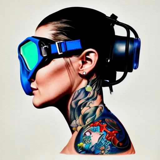 Image similar to a profile photo of a woman with diving helmet with tattoos on arm and neck, side profile in underwater, highly detailed, digital painting, artstation, sharp focus, illustration by Sandra Chevrier