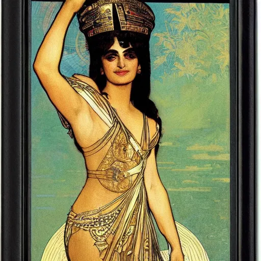 Prompt: a portrait of Penelope Cruz as a egyptian queen by Mucha.