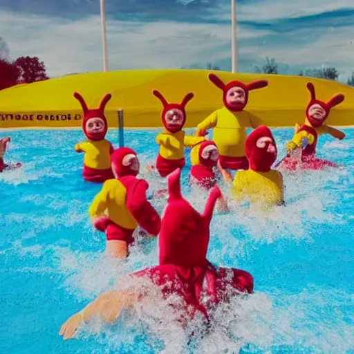 Image similar to a photo of 5 teletubbies playing water polo