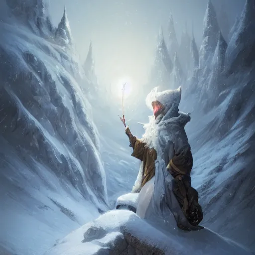 Image similar to a powerful wizard casting a spell on a snowy mountain top, greg rutkowski, 8 k, shallow depth of field, intricate detail, concept art,