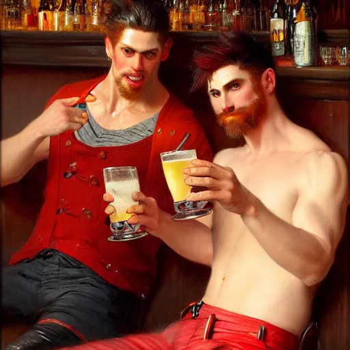 Image similar to attractive maculine male with red hair and attractive masculine male with black hair. pants and shorts, drinking their hearts out, having fun, in a pub. highly detailed and very defined painting by gaston bussiere, j. c. leyendecker, craig mullins 8 k