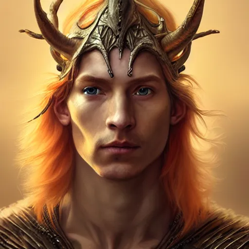 Image similar to portrait painting of a young elven man with a soft face and short light orange hair and tribal tattoos on his face wearing feather armor, ultra realistic, concept art, intricate details, eerie, highly detailed, photorealistic, octane render, 8 k, unreal engine. art by artgerm and greg rutkowski and charlie bowater and magali villeneuve and alphonse mucha