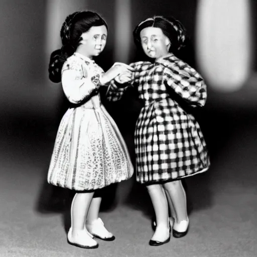 Image similar to A photograph of Else and Anna dancing as miniature dolls, movie still