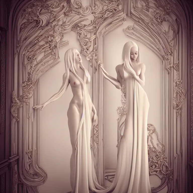 Image similar to alone with herself wonderful symmetrical liquid albino goddess with a beautiful porcelain body dressed with a majestic semi transparent silk cream roses long dress, hightly ornate, intricate, detailed, dramatic light, award winning, octane render, meredit frampton style