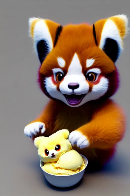Prompt: high quality 3 d render hyperrealist very cute pastel fluffy red panda & koala hybrid eating giant ice cream, vray smooth, in the style of detective pikachu, very dramatic light, low angle, uhd 8 k, shallow depth or field