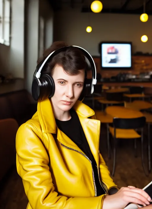 Prompt: young adult woman in a coffee shop wearing bright yellow headphones and a leather jacket looking unamused, natural light, unreal engine