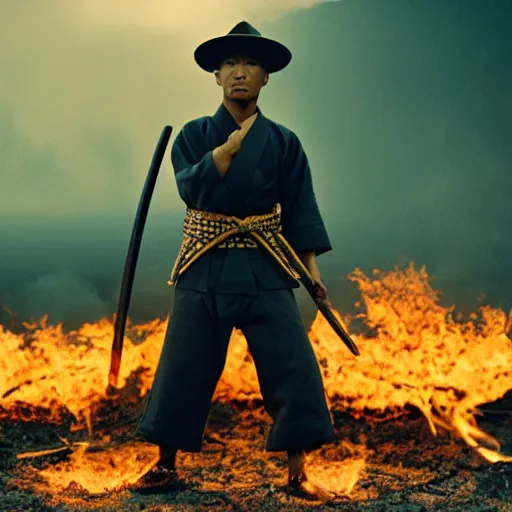 Image similar to cinematic film still Pharrell Williams starring as a Samurai holding fire, Japanese CGI, VFX, 2003, 40mm lens, shallow depth of field,film photography