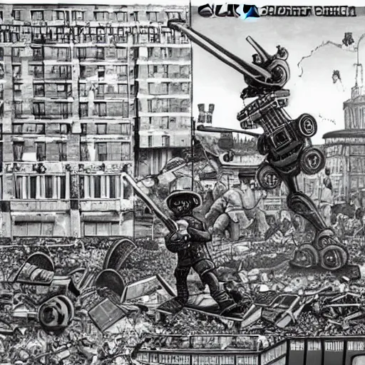 Image similar to giant toy soldier robot destroying a city