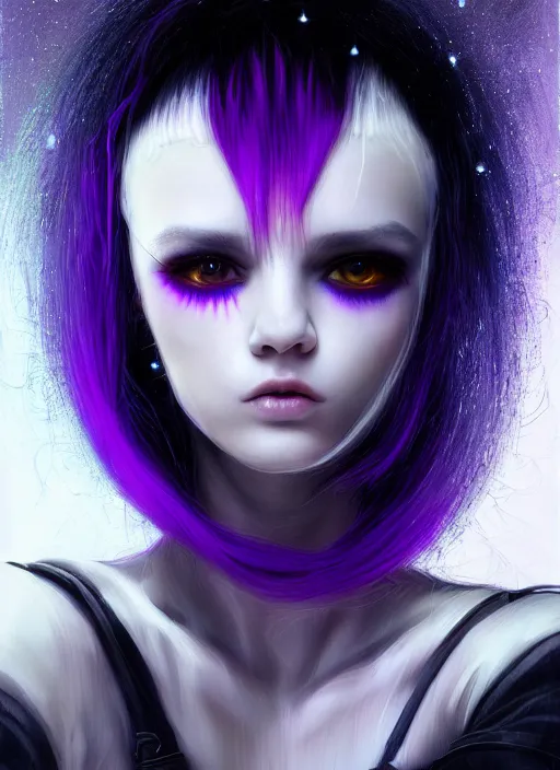 Image similar to hair whitebangs hair, black cyberlox, portrait of teenage girl with white bangs, whitebangsblackhair, messy bangs, cyberlox, whitebangs, red irises, purple clothes, intricate, elegant, glowing lights, highly detailed, digital painting, artstation, concept art, sharp focus, illustration, art by wlop, mars ravelo and greg rutkowski