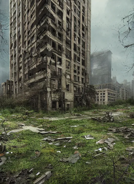 Image similar to a post - apocalyptic chicago, collasped buildings, a dark forest, vines and moss growing over buildings, abandoned aparment buildings, grunge, hyper real, cinematic photo, octane render, insanely detailed, 8 k