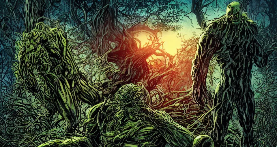 Prompt: Marvel Comics Man Thing Battles DC Comics Swamp Thing In A Misty Swamp, bats, sunset, volumetric lighting, hyperrealistic, beautiful details, HDR, octane render, action shot, wide angle, bokeh, Yasushi Niarasawa Moebius Jim Steranko Style