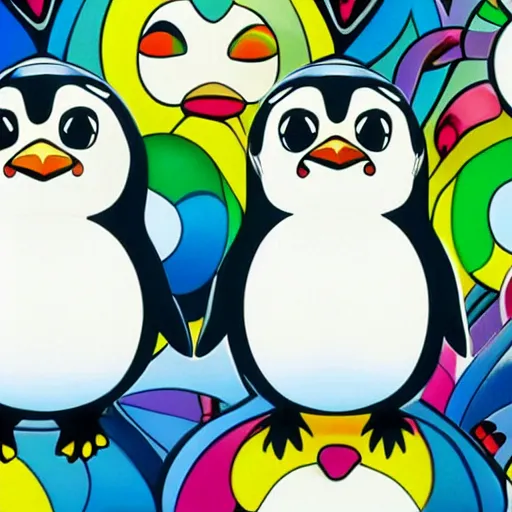 Prompt: illustration still of trippy furry chubby chibi penguins dancing by takashi murakami