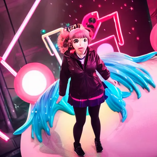 Prompt: chiaki nanami, a japanese girl with light hair in a bob that curls outward, a galaga hairpin, a dark turquoise hoodie, and a kind face stars in a broadway show, chiaki nanami from danganronpa, proshot getty images fullbody stage lights, gamer themed, professional photography