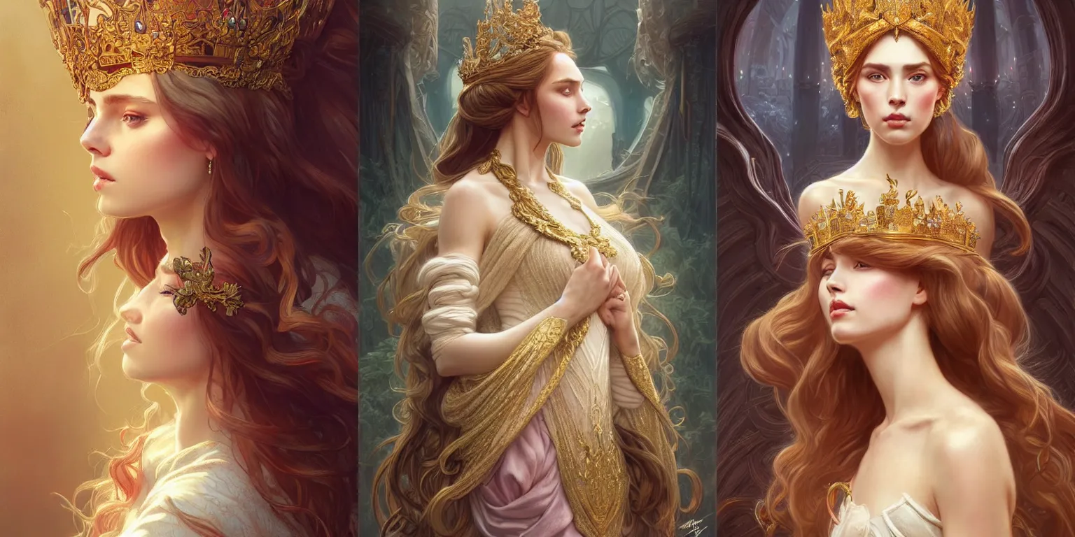 Prompt: crowned queen with long hair wearing silvee slippers, fantasy, intricate, elegant, highly detailed, whimsical, 75mm, digital painting, artstation, concept art, matte, sharp focus, illustration, art by Artgerm and Greg Rutkowski and Alphonse Mucha