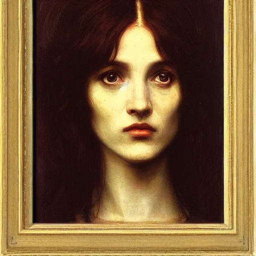 Image similar to portrait of hostile alien visitor, pre-raphaelite painting by john william waterhouse