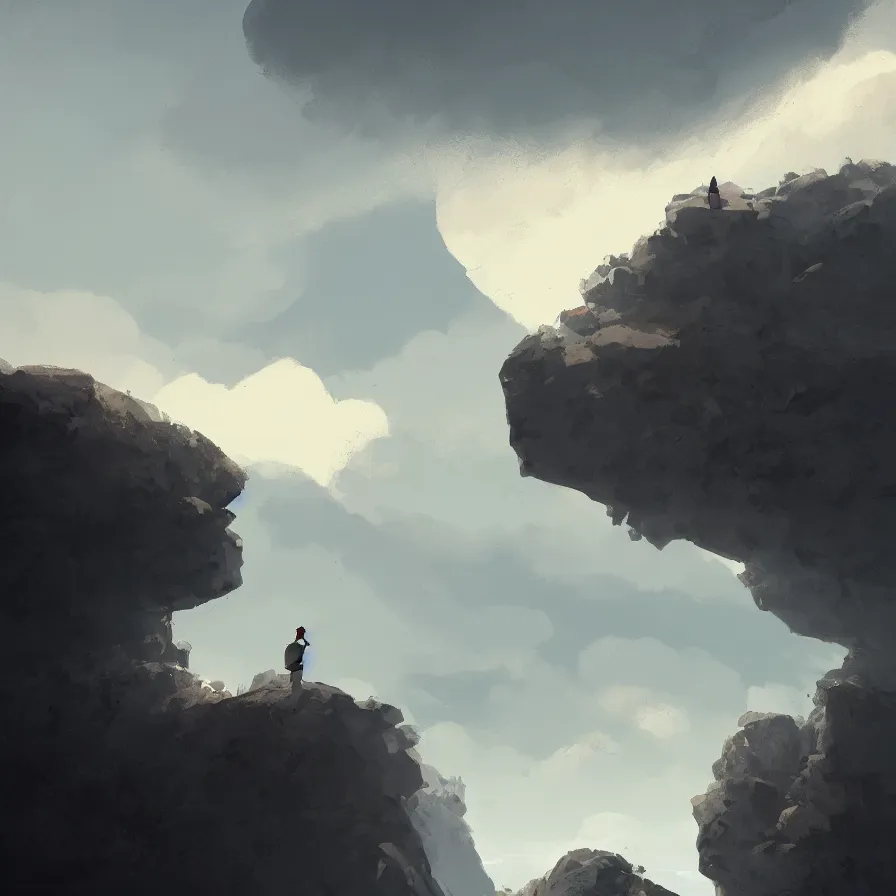 Image similar to Image from afar, man looking from the top of a large rock cliff, the sea hits the large stones hard, the clouds let through subtle rays of light, art by Goro Fujita, ilustration, concept art, sharp focus, ArtStation and deviantart