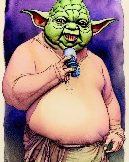 Prompt: a realistic and atmospheric watercolour fantasy character concept art portrait of a fat dirty yoda smoking a bong with pink eyes wearing a wife beater. by rebecca guay, michael kaluta, charles vess and jean moebius giraud