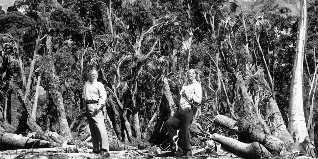 Image similar to david attenborough interviewing men cutting down extremely large kauri trees. great barrier island, new zealand. 1 9 5 0 s tv show. beach with large boulders in background. nikau palms.