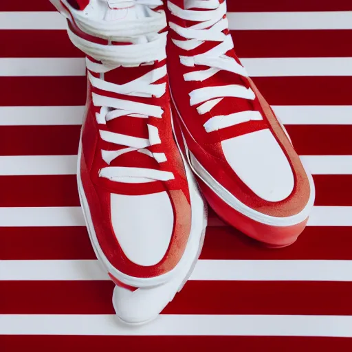 Image similar to a studio photoshoot of new Nike high top sneaker with red white wave stripes, designed by Virgil Abloh, leather and suede, Off-White, realistic, color film photography by Tlyer Mitchell, 35 mm, graflex