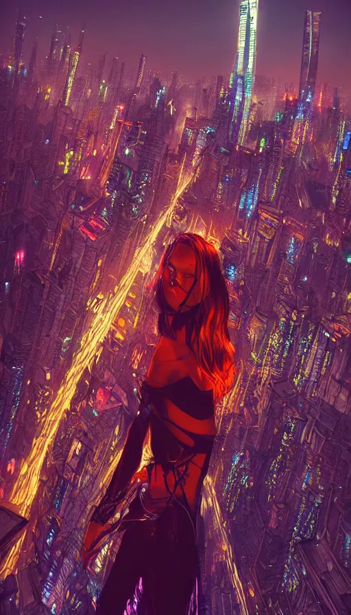 Image similar to night portrait of cyberpunk show girl on a roof, looking up at cityscape of vertical cyberpunk city with high towers, shanghai, Alena Aenami and artgerm