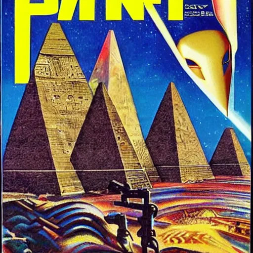 Prompt: 1983 Omni Magazine cover featuring airbrushed art of dramatic pyramids and robot masks, all centered over infinite cyber grid