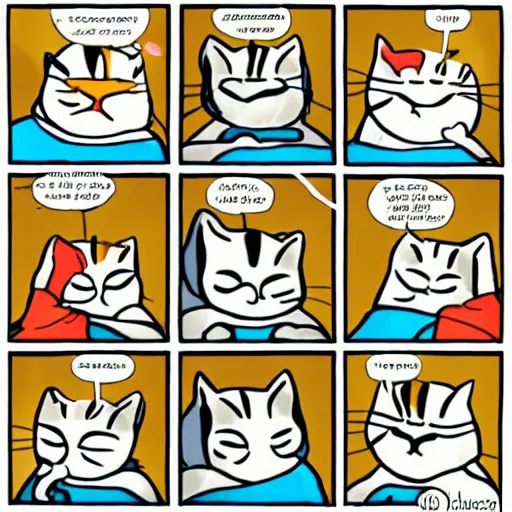 Prompt: a colorful comic in 4 panels of cats talking to one another in the kitchen