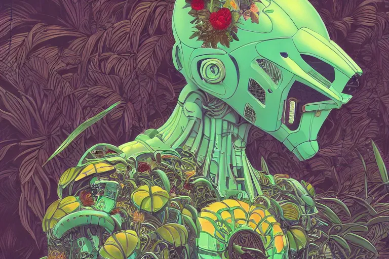 Image similar to gigantic mecha head, a lot of exotic vegetation, trees, flowers by moebius, dull colors, junji ito, tristan eaton, victo ngai, artgerm, rhads, ross draws, hyperrealism, intricate detailed, risograph