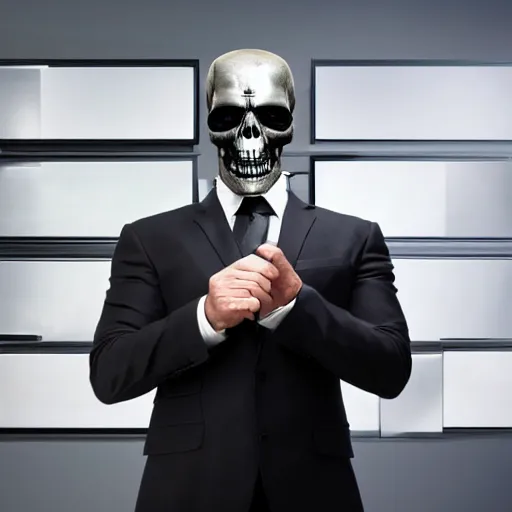 Image similar to A terminator with a half-bared skull in a business black suit crossed his arms, stands indoors, the background is blurred, focus in the foreground, realism, details,