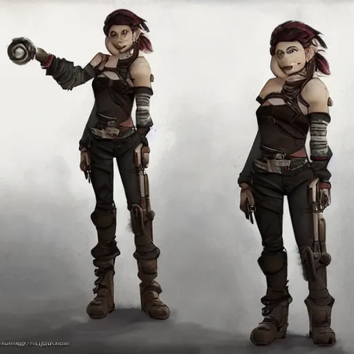 Image similar to Full body portrait of a scrappy female gnome mechanic with pixie undercut hair and one prosthetic metal gauntlet arm standing on a ship deck. In style of Greg Rutkowski and Yoji Shinkawa and Hyung-tae Kim, trending on ArtStation, dark fantasy, great composition, concept art, highly detailed