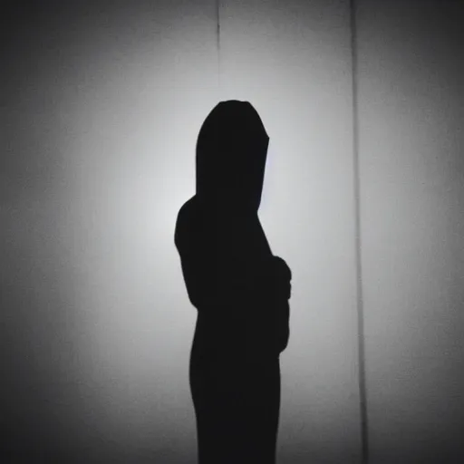 Image similar to dim lights shining through dark fog, emptiness, lonely female figure standing small, spooky found footage, dramatic contrast