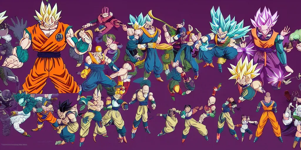 Image similar to dragon ball character design, idle, colored, sprite sheet, tekken, pc game, sideview, art by moebius and greg rutkowski.