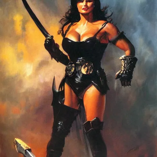 Image similar to a frank frazetta oil painting of selina gomez as a beautiful muscular salma hayek wearing black armor holding a large battle axe, dynamic shot, hd 4 k, intricate, highly detailed, atmospheric, sharp