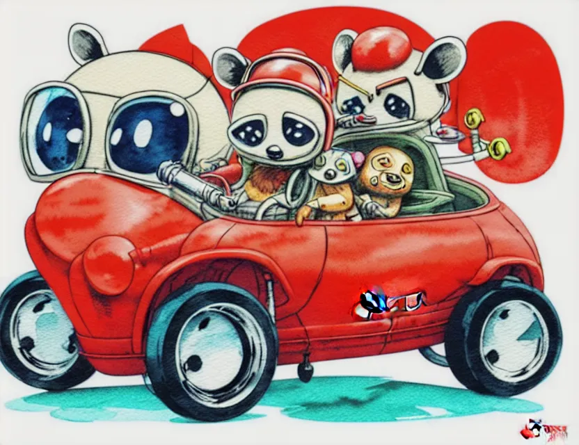 Prompt: cute and funny,'racoon wearing a red helmet'riding in a tiny hot rod with oversized engine, ratfink style by ed roth, centered award winning watercolor pen illustration, isometric illustration by chihiro iwasaki, edited by range murata, tiny details by artgerm and watercolor girl, symmetrically isometrically centered
