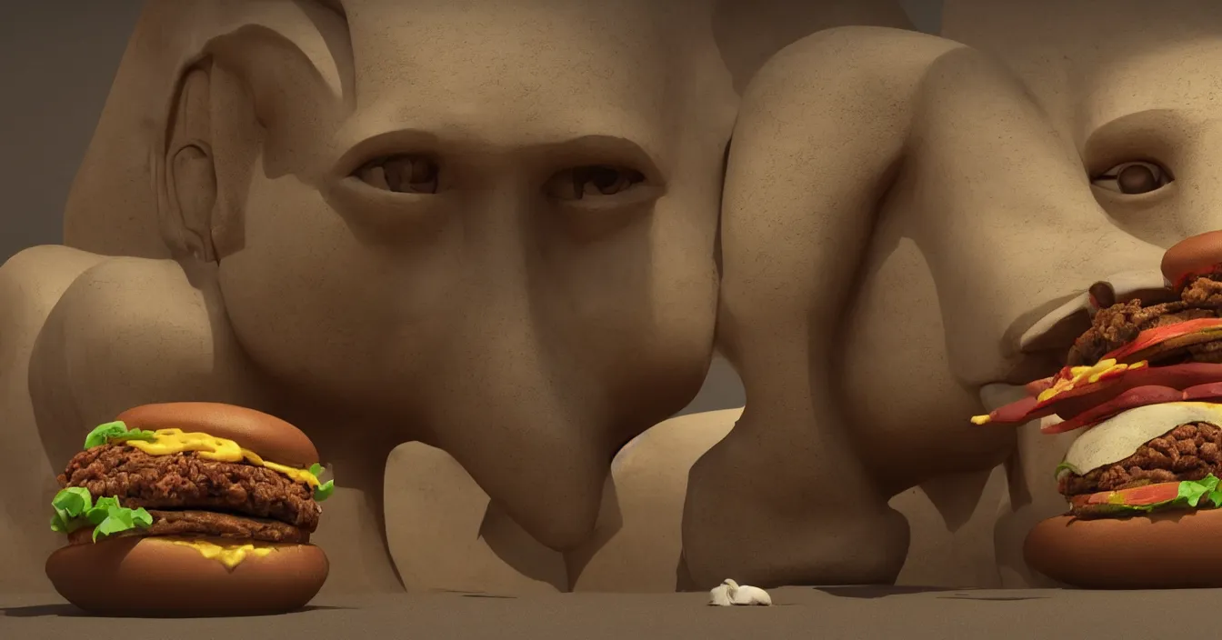 Prompt: egyptian sphinx character eating hamburger, photorealism, lots of detail, super sharp images, visual plasticity, shading in vray, raytracing