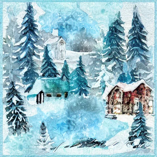 Image similar to mixed media winter icon collage illustration in soft watercolor style, ice blue cold hues