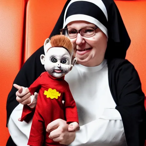 Image similar to a nun in church holding chucky the killer doll on her lap