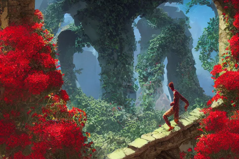 Prompt: broken arches leading to the pillars of eternity draped with red flowers and vines, blue sky, lens flare, a sense of mystery, cinematic, ultra detailed, intricate, trending on artstation, 8K, comic book illustration by David Wiesner