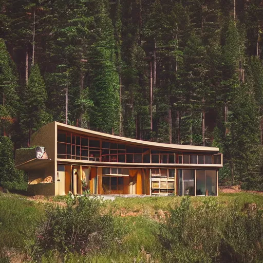 Image similar to wes anderson style modern futuristic house near the lake, snowy mountains and green forest, cinematic, realism, photo, detailed