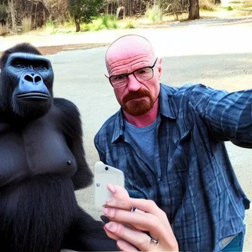 Image similar to walter white taking a selfie with a gorilla