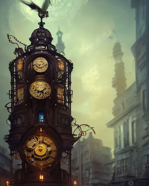 Prompt: steampunk clock tower portrait, steampunk city, intricate steampunk gears, complex 3 d render by ilya kuvshinov, peter mohrbacher, greg rutkowski, ryohei hase, dramatic lighting, intricate, highly detailed, sharp focus, luminous, unreal engine, blender, deviant art, artstation, masterpiece, ray tracing