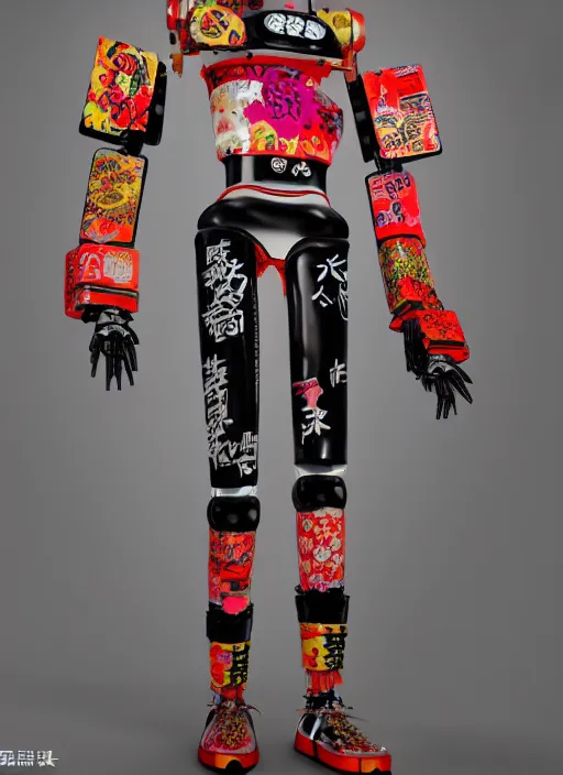 Prompt: full body photo of a punk geisha robot 2 1 savage with kanji tattoos and decals wearing a digital pixelated kimono, intricate design, photo - realistic, octane render, ultra fine detailed, character design, trending on artstation