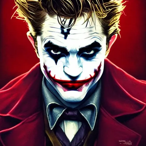 Image similar to handsome Robert Pattinson as Joker, western, D&D, fantasy, intricate, elegant, highly detailed, digital painting, artstation, concept art, matte, sharp focus, illustration, art by Artgerm and Greg Rutkowski and Alphonse Mucha