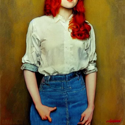 Image similar to a redhead girl, artwork by Norman Rockwell, cinematic view, high quality