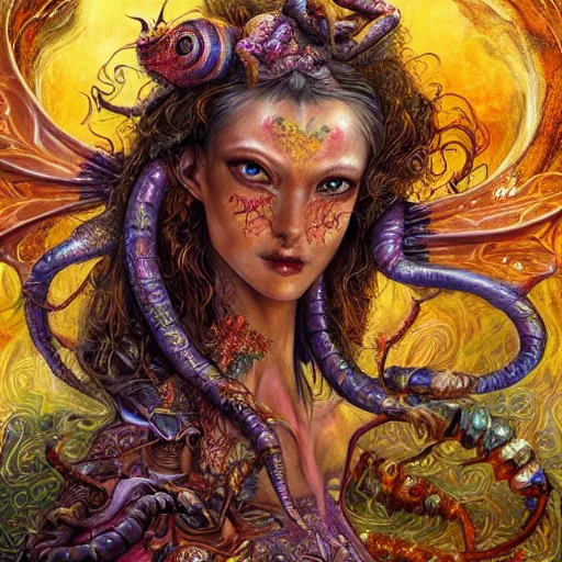Prompt: portrait of a scorpion fairy, fantasy, whimsical, horror, art by josephine wall and and hr geiger and chengwei pan, intricately detailed, highly detailed, luxurious, elegant, clean, unsettling, trending on artstation