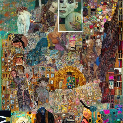 Prompt: the most chaotic, beautiful, insane, bizarre, wacky, mixed media collage, dadaist, picasso, klimt, giraud, kinkade, artstation, vivid, hyper detailed, digital art, deep and dense coloration,