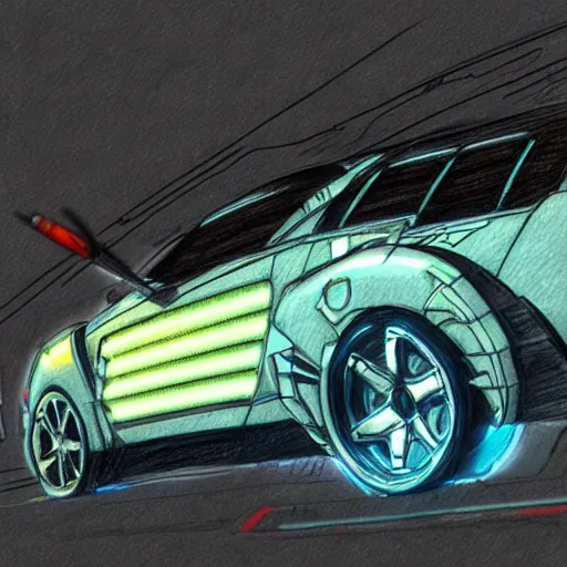 Prompt: a cyberpunk car, sketch, crayon render