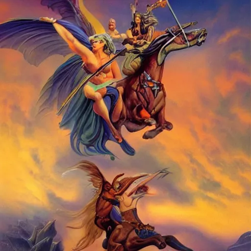 Prompt: ride of the valkyries by boris vallejo julie bell, epic fantasy painting, soft details, album cover, HD, artgerm